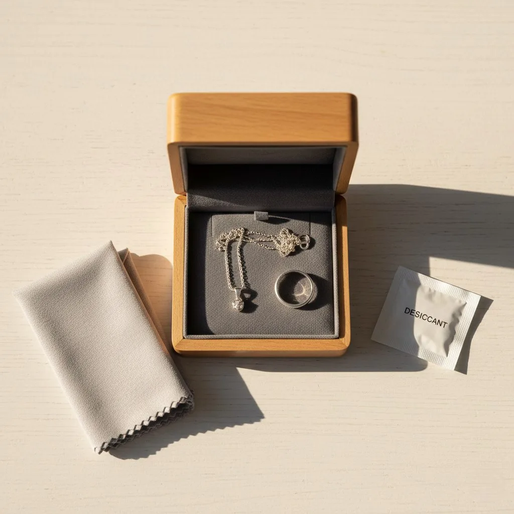 Sterling silver necklace and ring stored in open wooden jewelry box with gray lining, polishing cloth, and desiccant packet on cream surface
