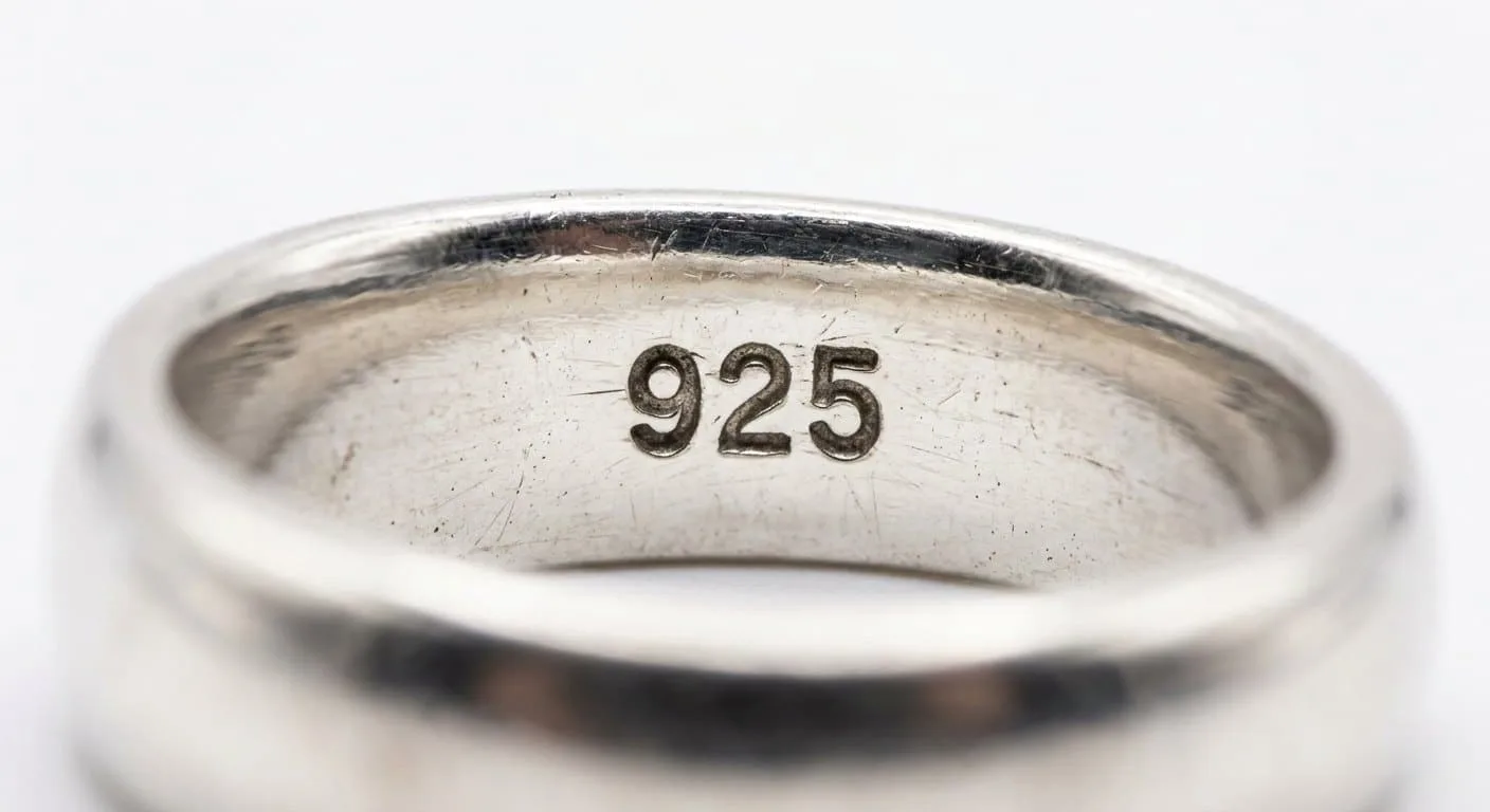 Macro close-up of 925 stamp engraved inside a sterling silver ring band with soft warm bokeh background