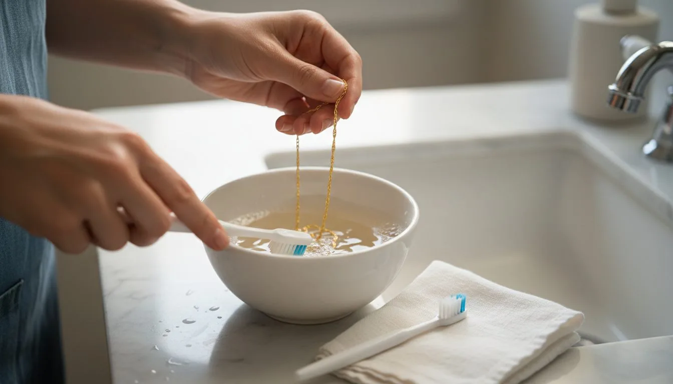 How to clean a gold necklace — warm soapy water and soft brush jewelry care routine