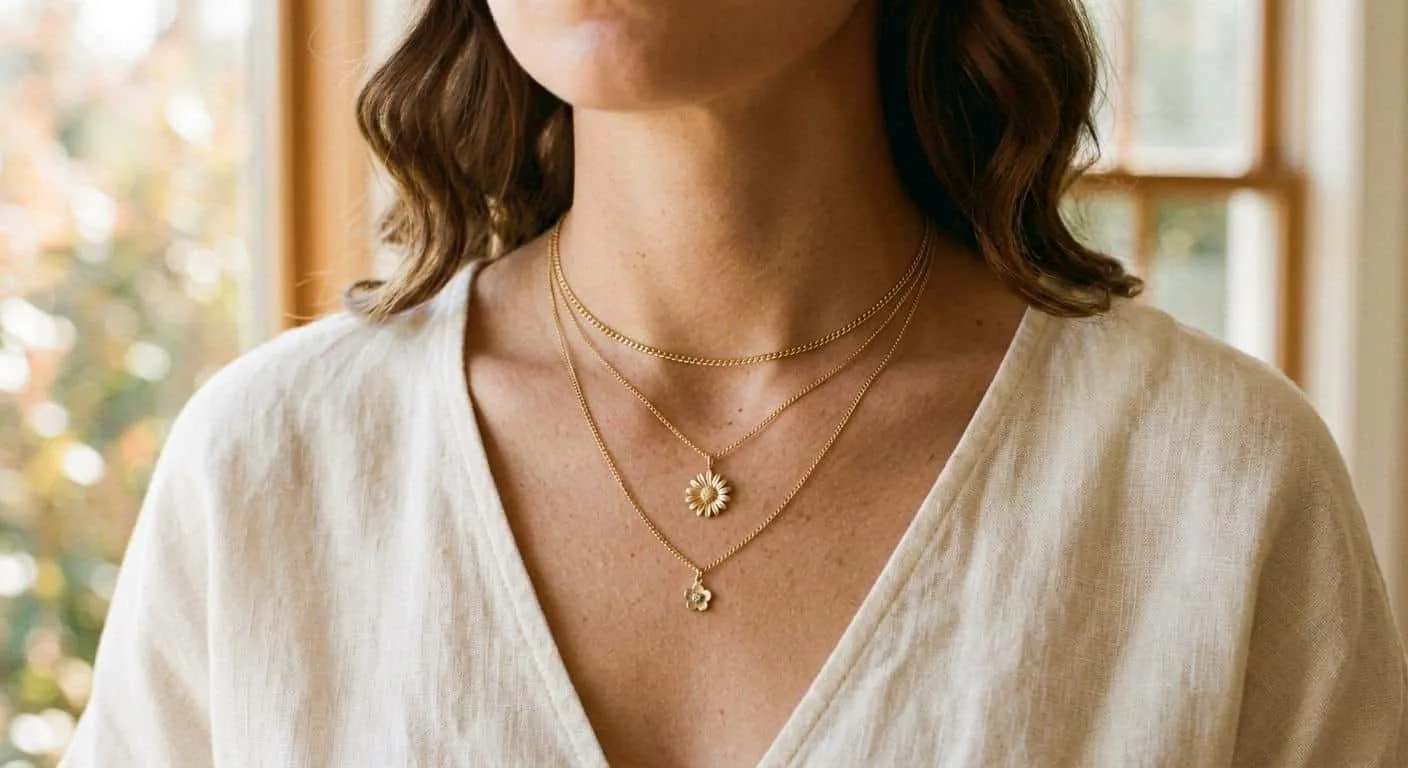 A woman's neckline styled with three layered flower necklaces at different chain lengths - 16, 18, and 20 inches - including a small daisy flower necklace pendant, demonstrating how to layer floral jewellery