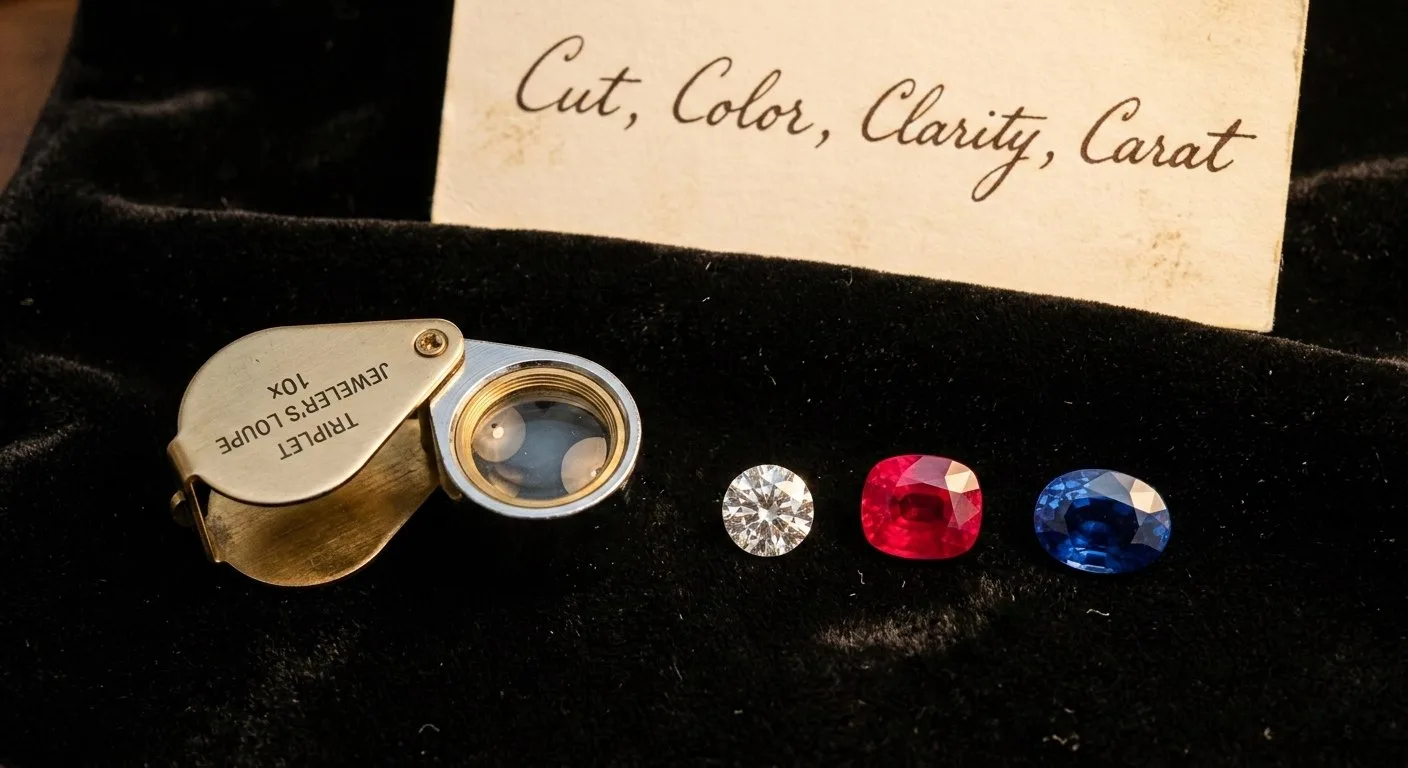 Jeweler's loupe magnifying glass beside loose diamond, ruby and sapphire on black velvet with handwritten Four Cs card — how gemstones are valued