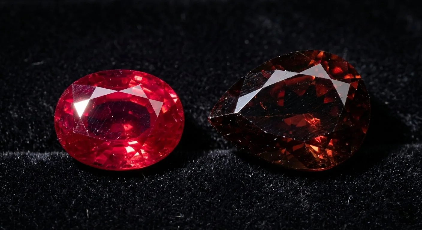 Close-up of polished ruby and garnet gemstones on black velvet showing the difference between deep red stones — red gemstones meaning passion and courage