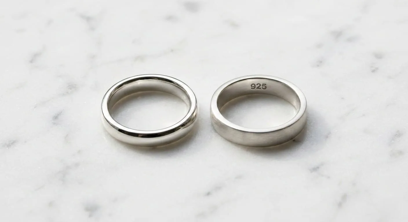 Close-up of a 925 hallmark stamped on the inner band of a sterling silver ring, illustrating how to identify jewelry craftsmanship quality and passing jewelry quality control standards