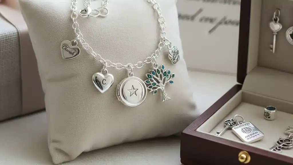 Silver charm bracelet with meaningful charms including heart lockets, tree of life, and personal engravings displayed in an elegant jewelry box - thoughtful jewelry gift ideas under £50 that create ongoing gift opportunities by adding meaningful charms over time for future occasions and celebrations