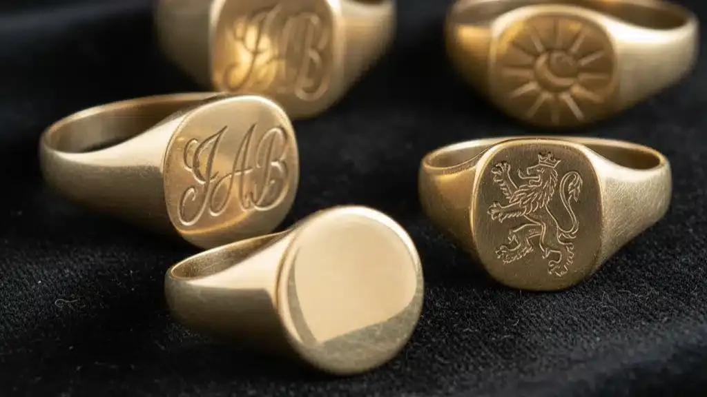 Collection of gold signet rings featuring various engravings including monogram initials, family crests with heraldic lions, decorative patterns, and blank surfaces ready for personalization - traditional luxury jewelry gift ideas over £150 that have made a comeback, perfect for engraving initials, family symbols, or meaningful designs