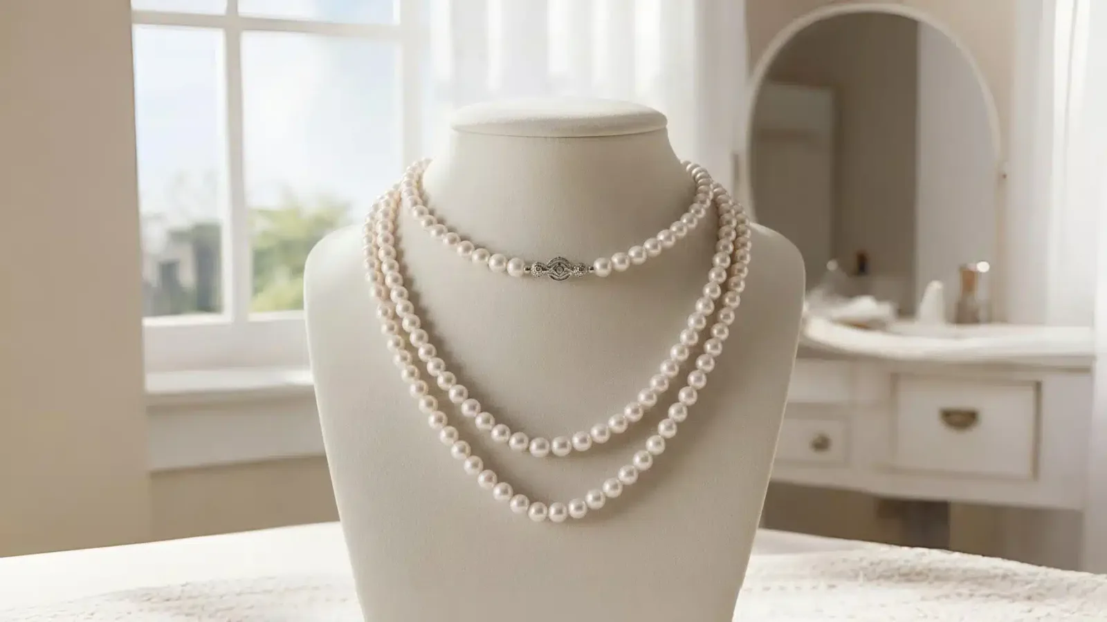 Elegant cultured pearl necklace strands in classic 16-18 inch lengths displayed on jewelry bust, featuring traditional white pearls with ornate silver clasp - timeless luxury jewelry gift ideas over £150 that work for both formal events and everyday elegance, representing investment pieces that last generations