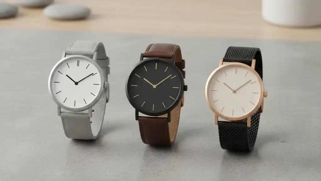 Three sleek minimalist watches with clean faces and quality movements in silver, black, and rose gold finishes with canvas, leather, and mesh bands - stylish jewelry gift ideas perfect for graduation gifts that combine function with contemporary design and transition seamlessly from casual to formal professional settings