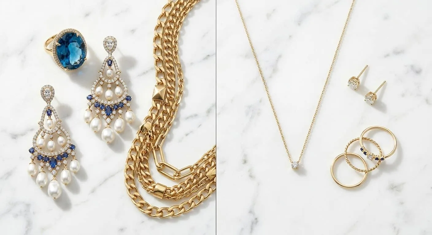 Statement jewelry vs minimalist jewelry flat lay - bold gemstone cocktail ring, chandelier earrings, and layered gold necklace on the left, delicate chain necklace, diamond studs, and stacking rings on the right