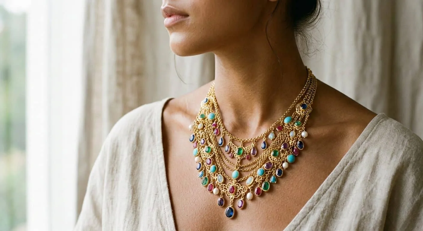 Woman wearing a bold statement jewelry necklace - a layered gold bib style with colorful gemstone drops against a neutral linen background
