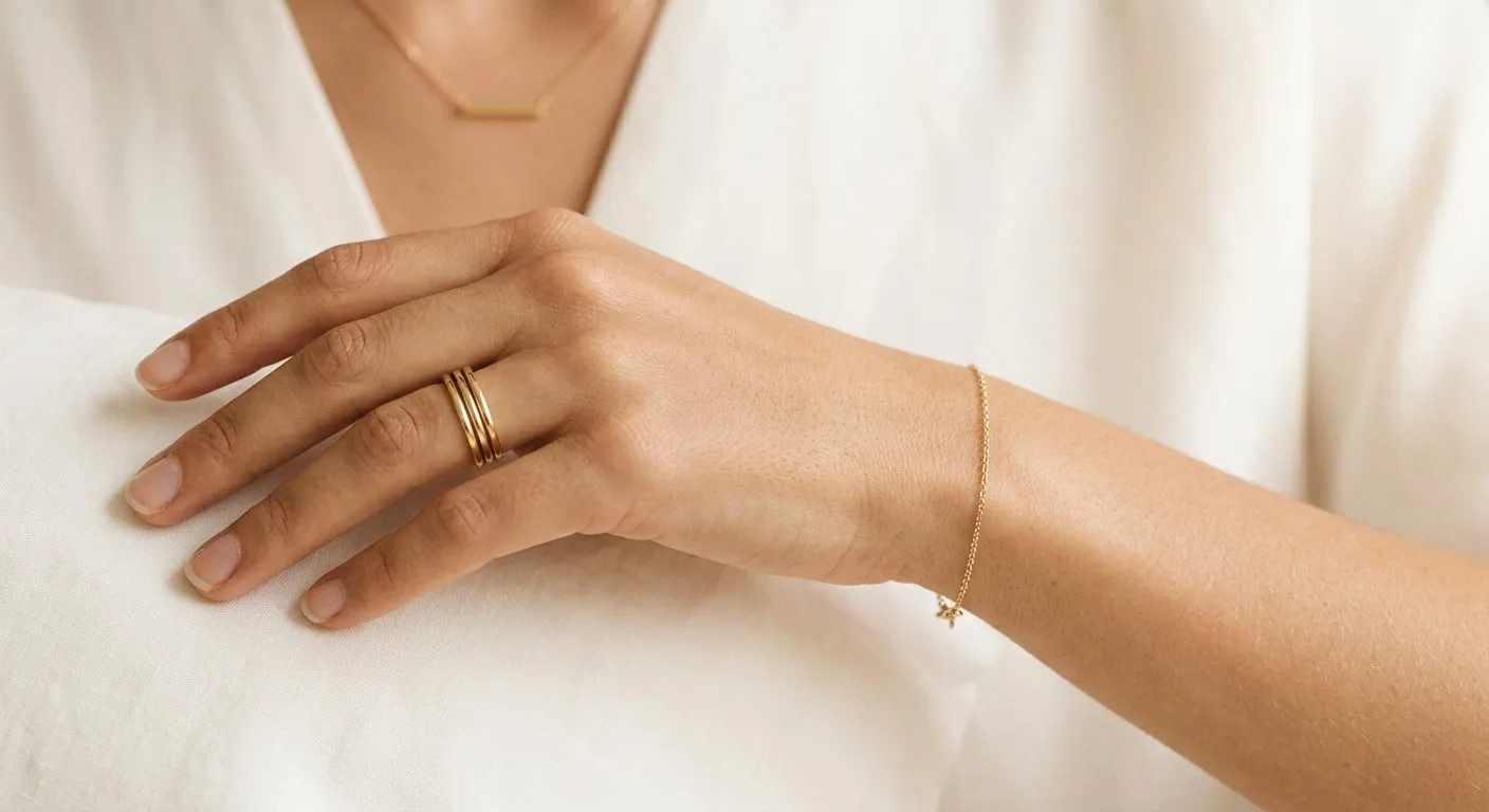 Dainty minimalist jewelry stack - three thin gold stacking rings on one finger and a delicate chain bracelet on the wrist against a white background