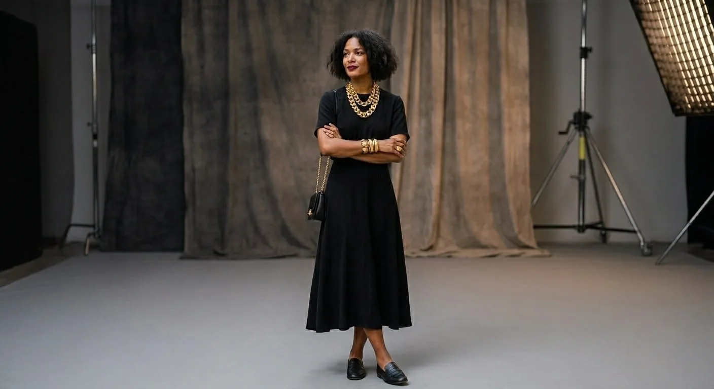 How to wear statement jewelry - woman in a simple black dress styled with a bold gold collar necklace as the focal point against a neutral background