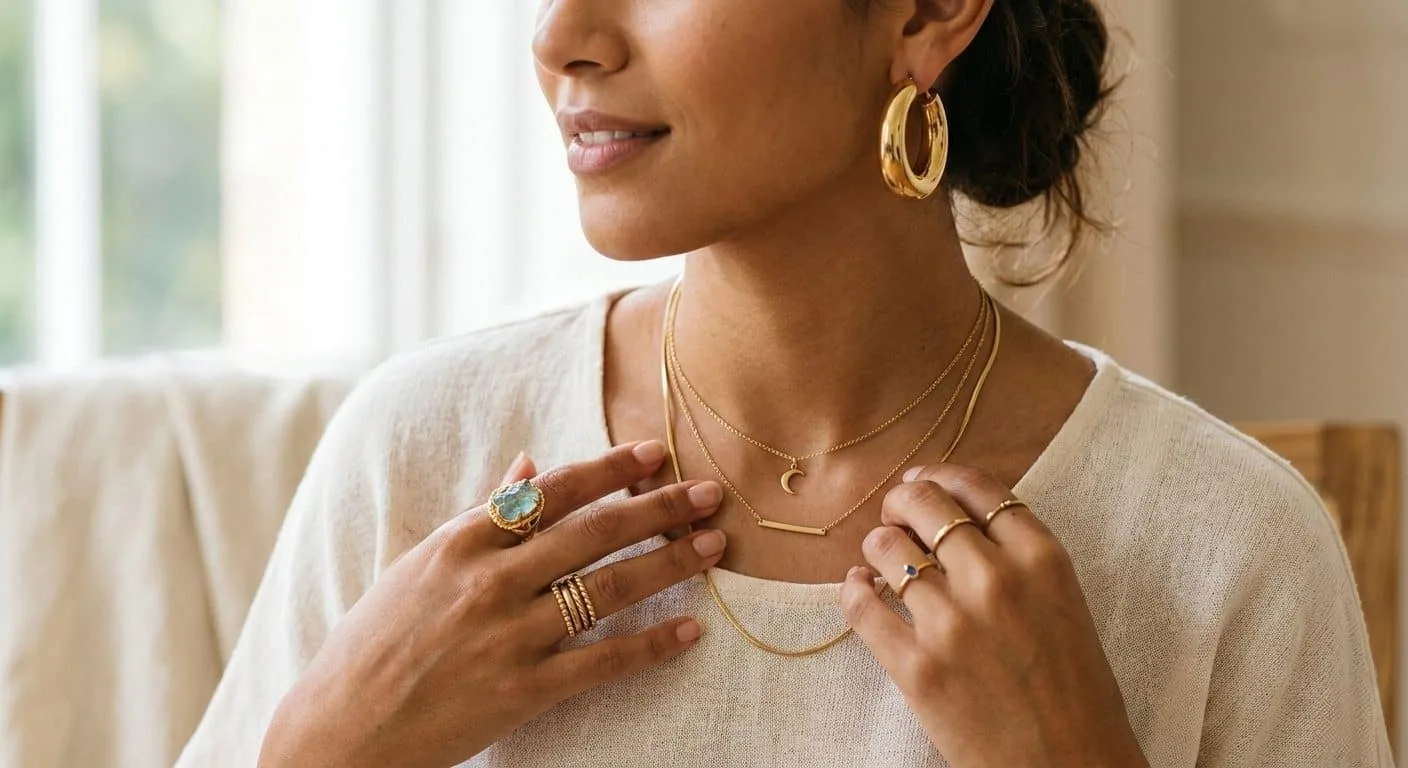 Mixing minimalist and statement jewelry - oversized hoop earrings paired with a delicate layered chain necklace, a cocktail ring, and thin gold stacking rings on a cream outfit