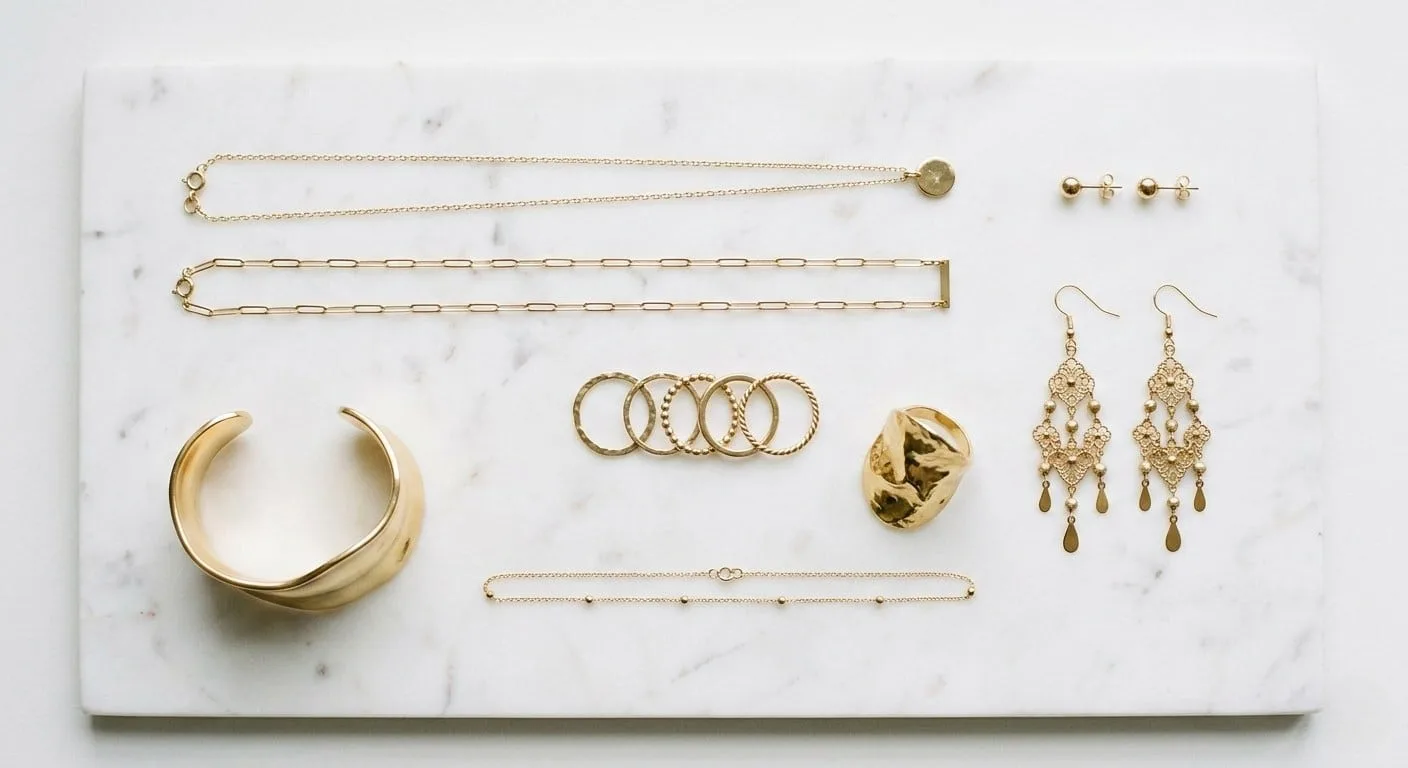 Jewelry capsule wardrobe flat lay - complete collection of minimalist and statement pieces including chain necklaces, stud earrings, chandelier earrings, stacking rings, cocktail ring, and gold cuff arranged on white marble