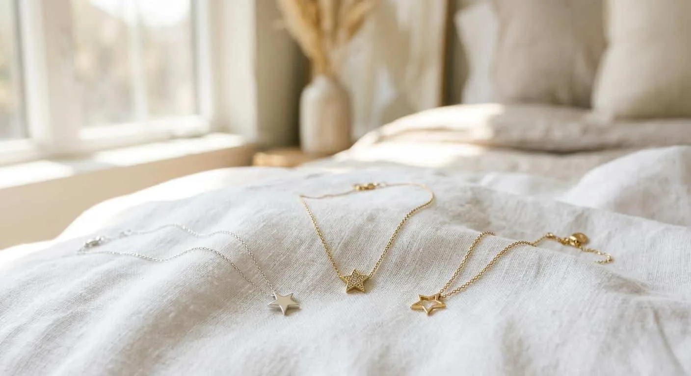 Three star necklaces in gold and silver on white linen — different star necklace styles overview