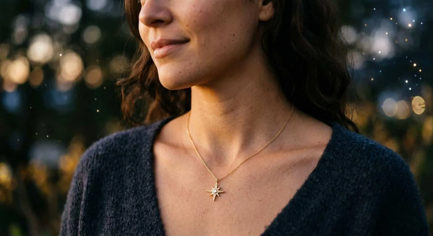 Gold north star pendant necklace on a woman's collarbone — star necklace meaning and symbolism