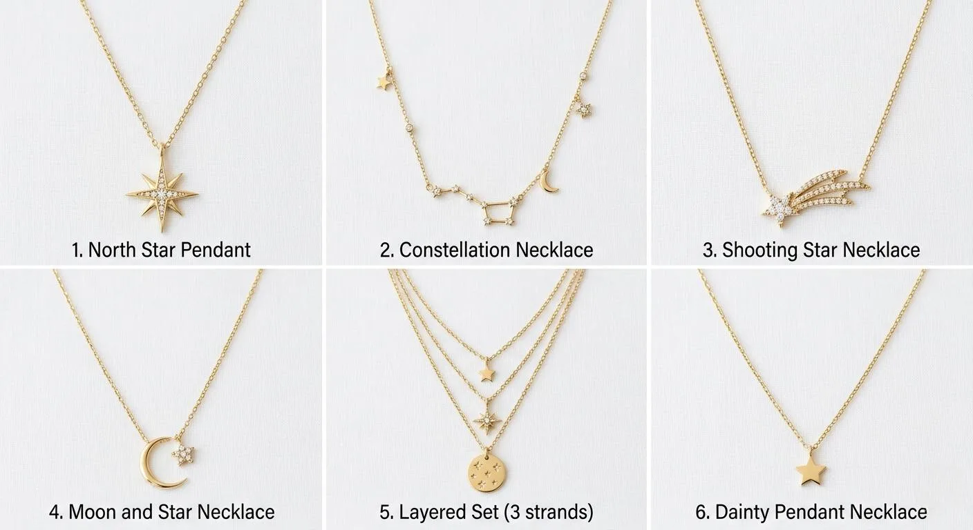 Six different types of star necklaces in a flat lay grid — north star, constellation, layered, moon and star, dainty, shooting star