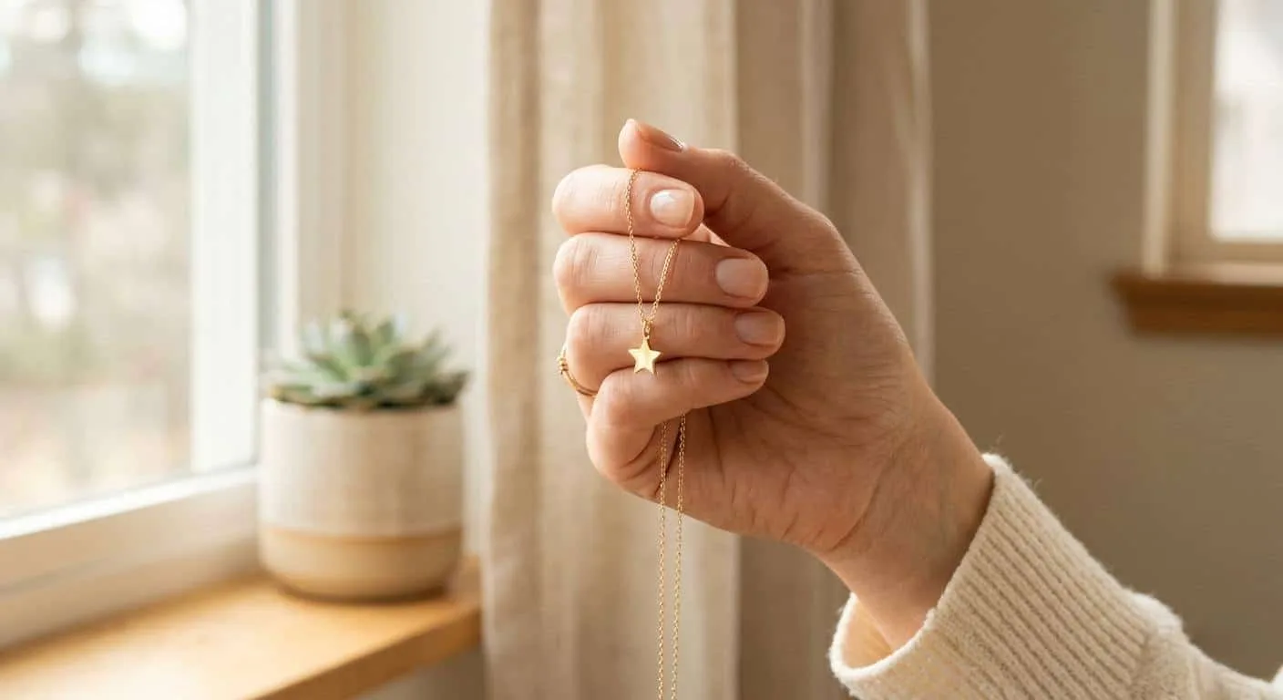 Woman holding a gold star necklace up to window light — how to choose a star necklace buying guide