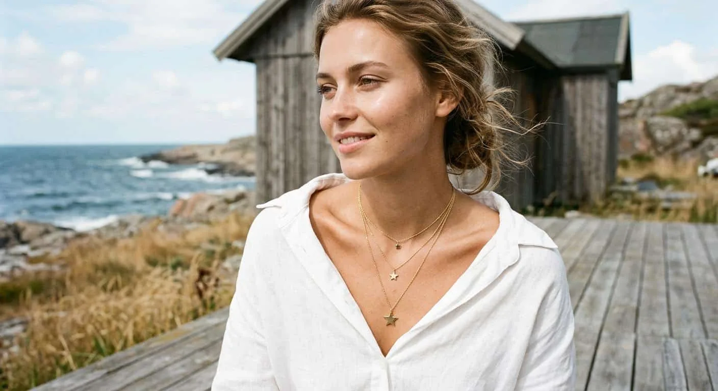 Woman wearing three layered gold star necklaces over a white top — how to style a star necklace