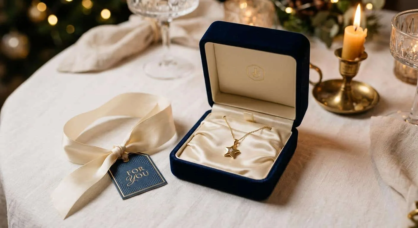 Gold star necklace in an open cream satin gift box — star necklace gift ideas for every occasion