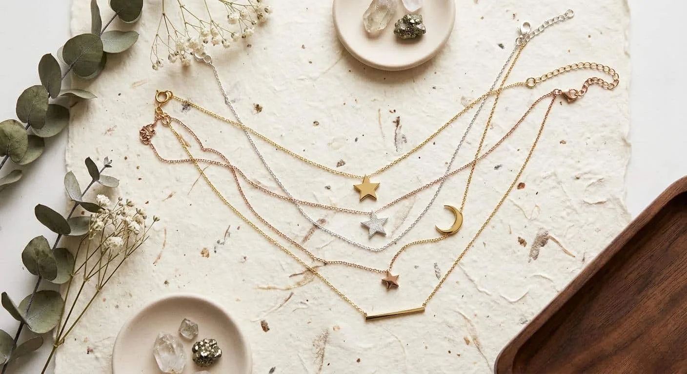 Mixed metal star necklaces layered with moon and bar pendants on cream paper — star necklace trends 2026