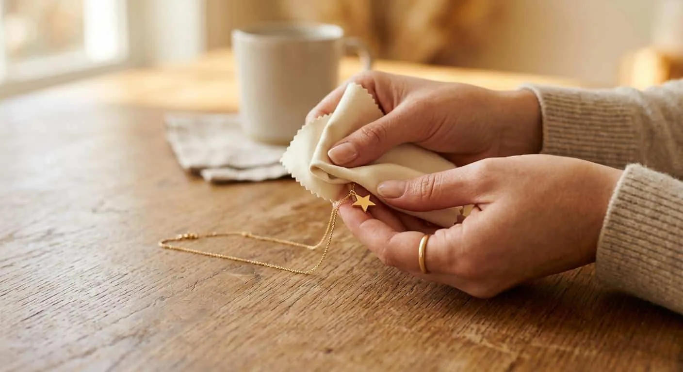 Hands cleaning a gold star necklace with a soft cloth — how to clean a star necklace at home