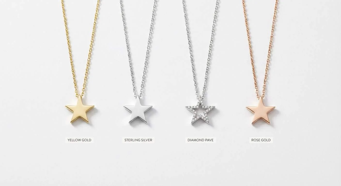 Four star necklaces side by side comparing yellow gold, sterling silver, diamond pavé, and rose gold star pendant styles on white background
