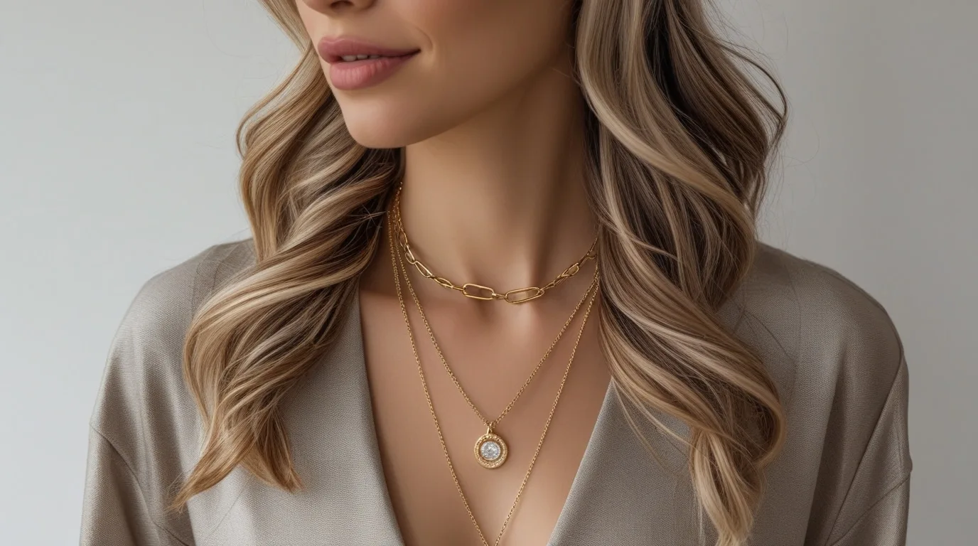 A sophisticated gold necklace stack featuring multiple chains of varying lengths and textures for a layered look.