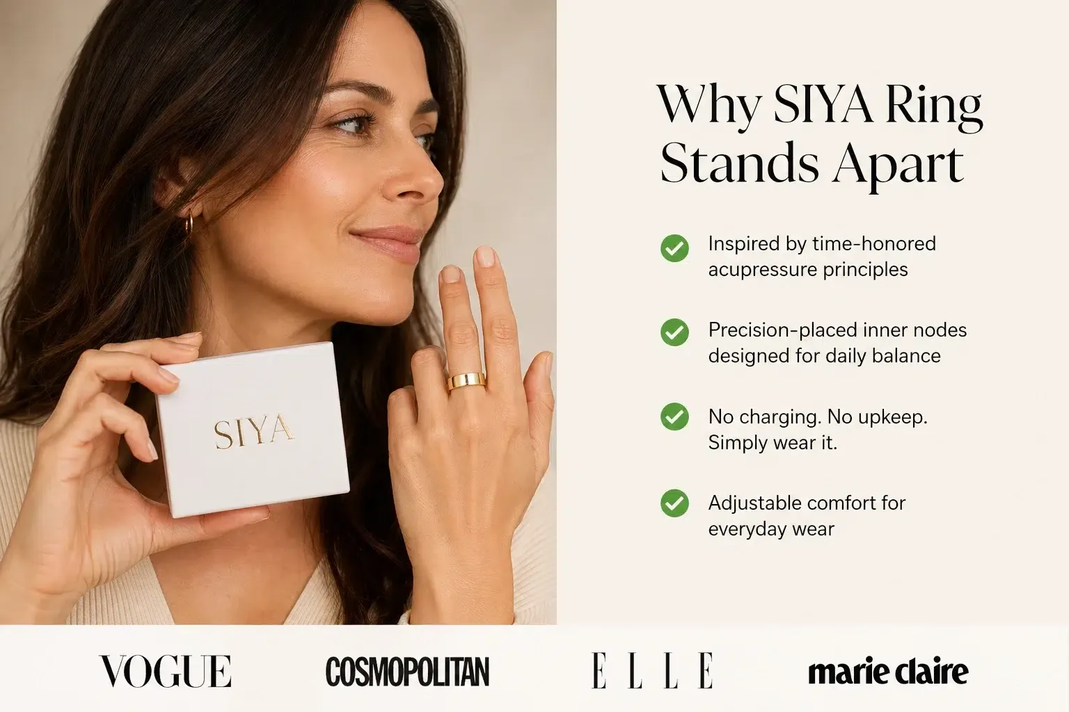Siya Ring authority hero image featuring a woman smiling with the product box and high-fashion endorsements from Vogue and Elle for hormonal balance.