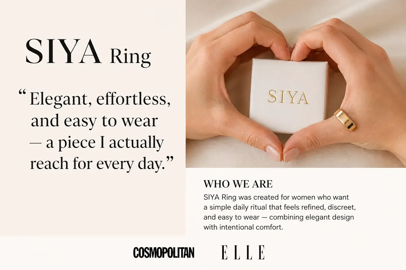 Seductive mirror visual of hands forming a heart around the Siya Ring box with a testimonial for elegant and effortless somatic relief.