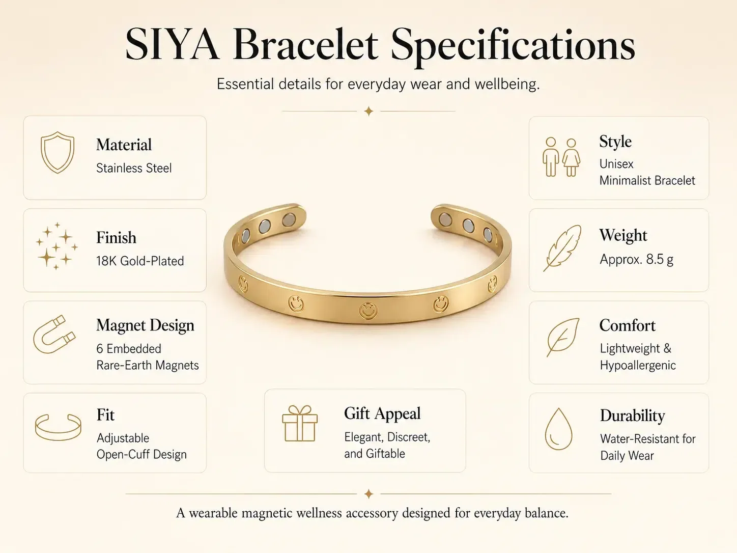 The Siya Somatic Bracelet in 18K gold-plated surgical steel, designed for peripheral signal grounding and executive focus.